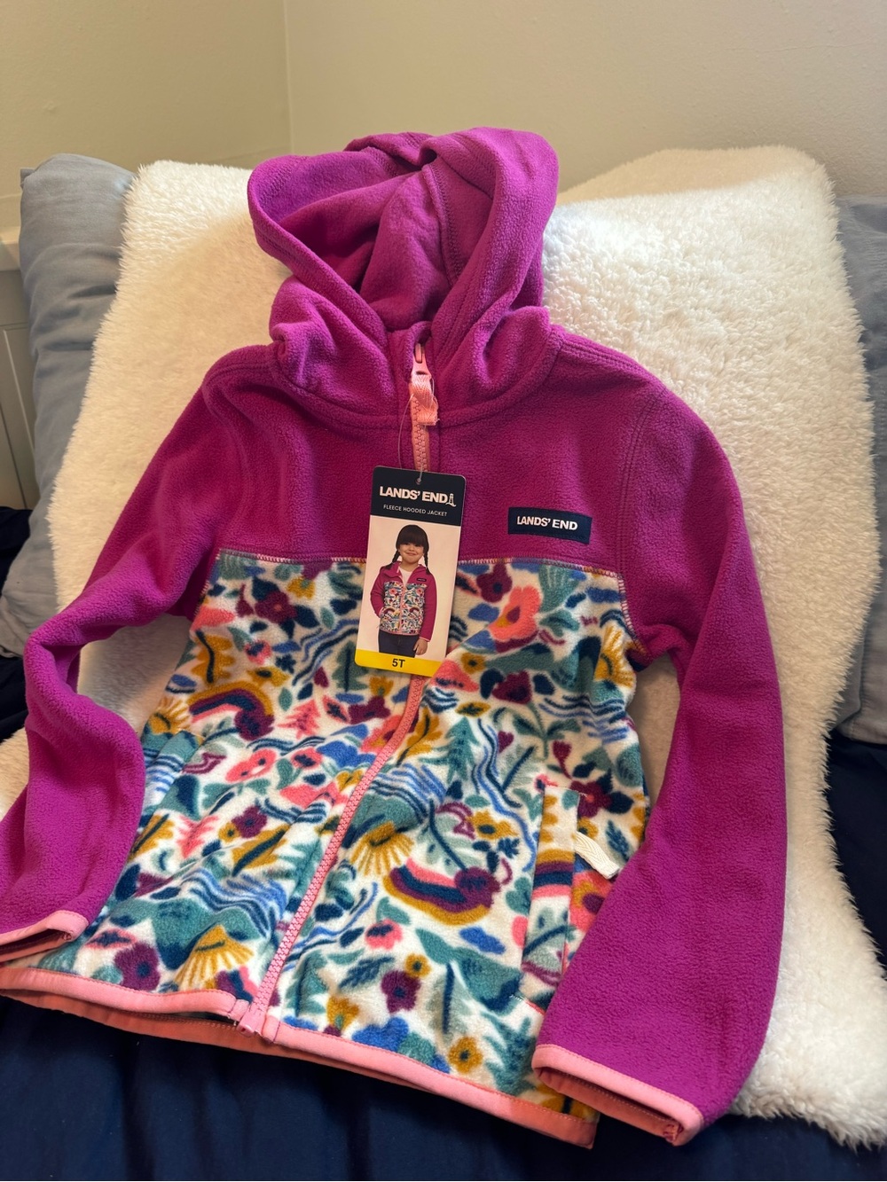 Lands' End Girls Fuchsia Hooded Fleece Jacket with Colorful Floral Panel